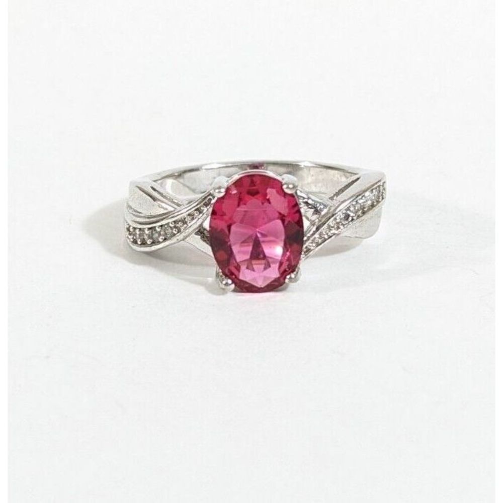 Size 6 Dark Pink Costume Cocktail Ring Silver Toned